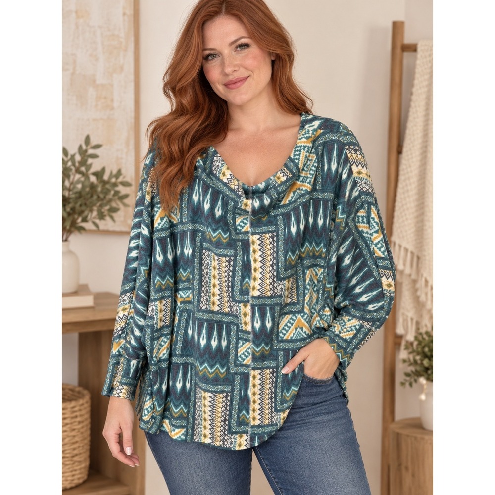 Cato Cowl Neck Pullover Top Size XL Aztec Southwest Print Batwing Long Sleeve